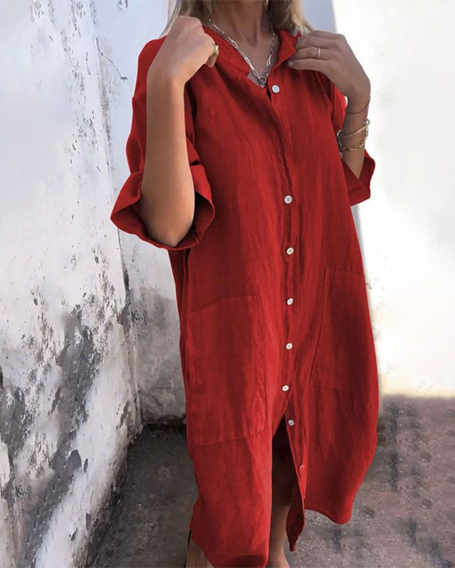 Charlotte | Women's Boho Button Front Long Sleeve Midi Dress