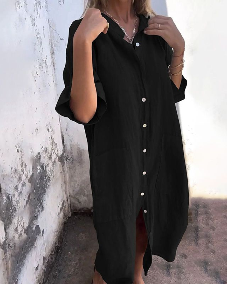 Charlotte | Women's Boho Button Front Long Sleeve Midi Dress