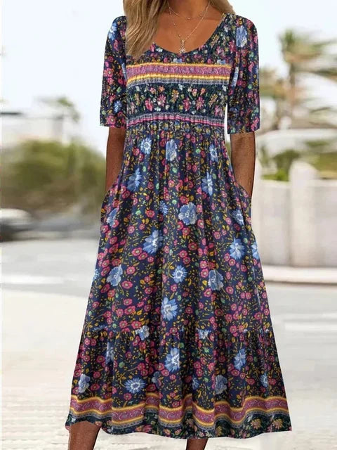 Peyton | Women's Boho Printed Square Neck Short Sleeve Midi Dress