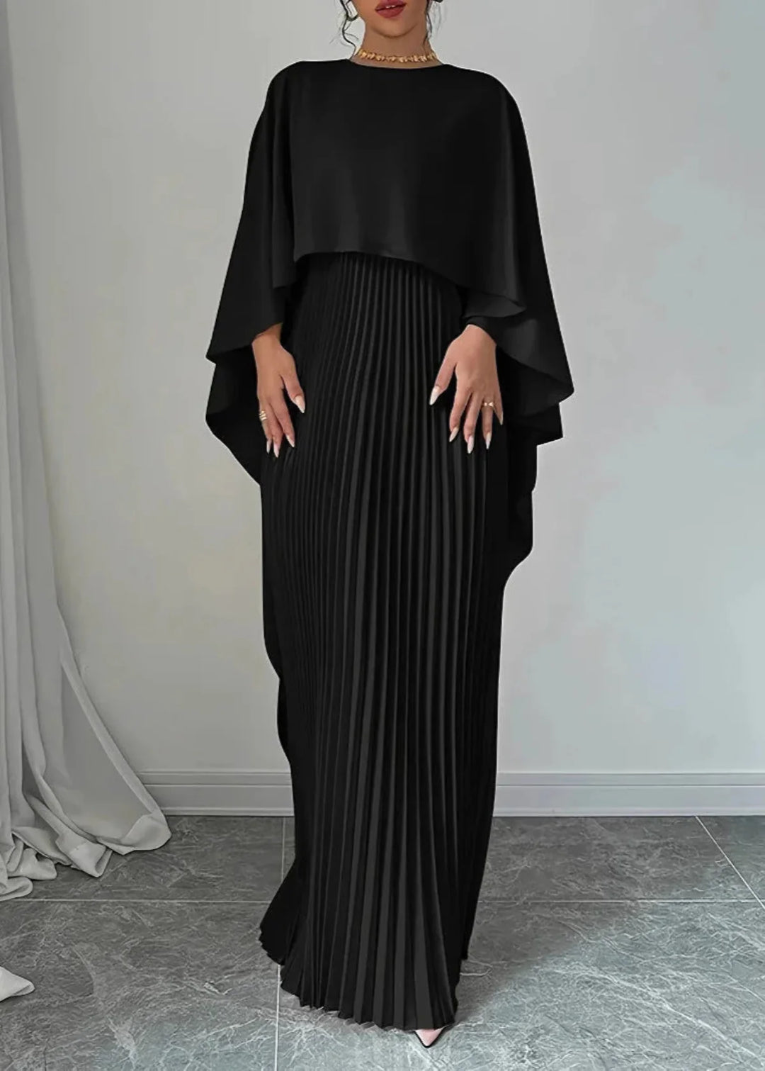 Amelia | Women’s Pleated Cape Overlay Maxi Dress