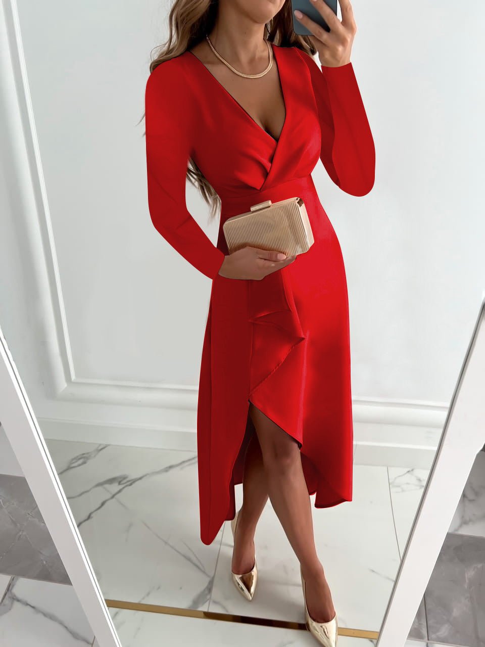 Lily | Women’s V Neck Sheath Midi Dress Slit