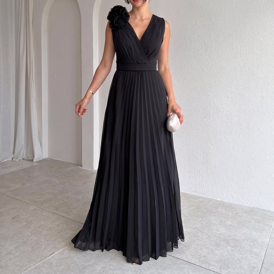 Charlotte | Women's Sleeveless Pleated A-Line Evening Gown Floral Applique