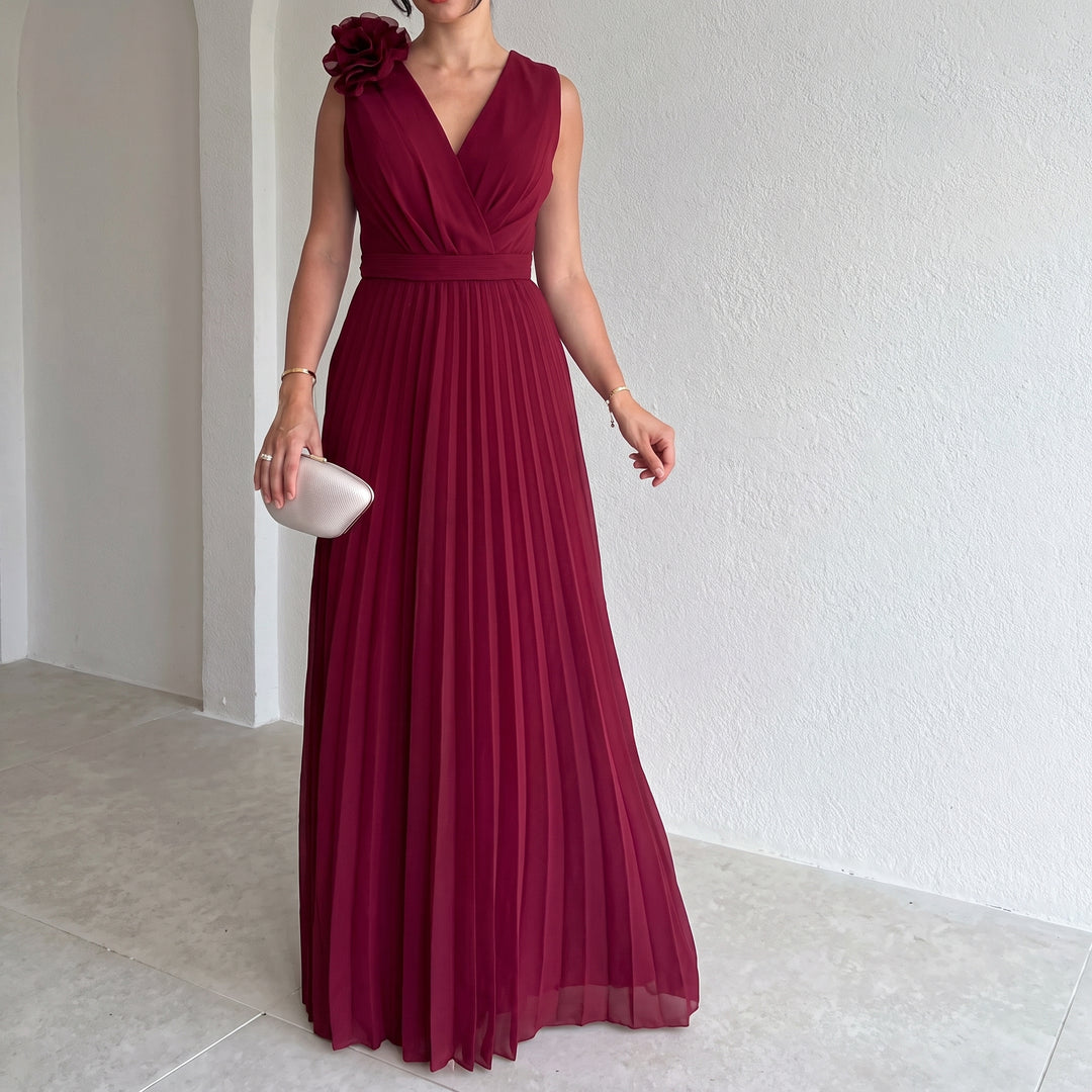 Charlotte | Women's Sleeveless Pleated A-Line Evening Gown Floral Applique