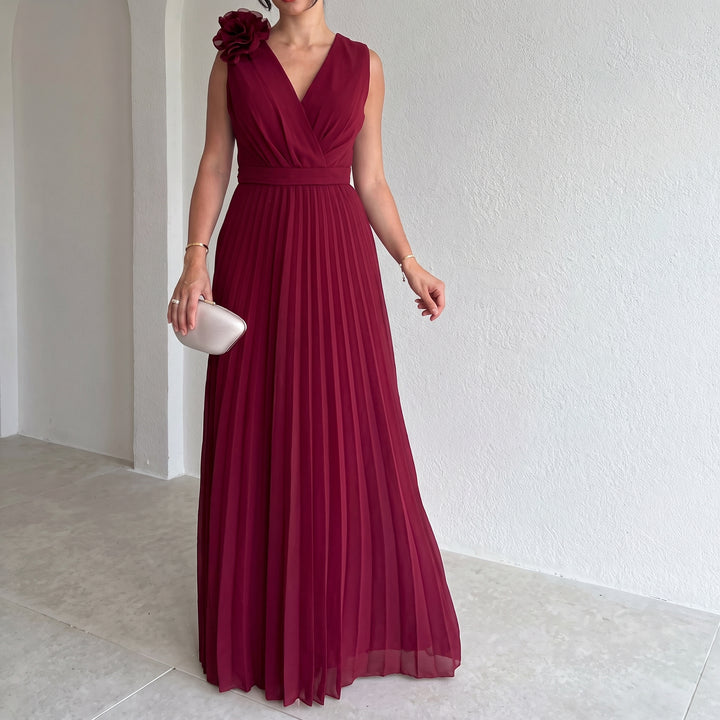 Charlotte | Women's Sleeveless Pleated A-Line Evening Gown Floral Applique