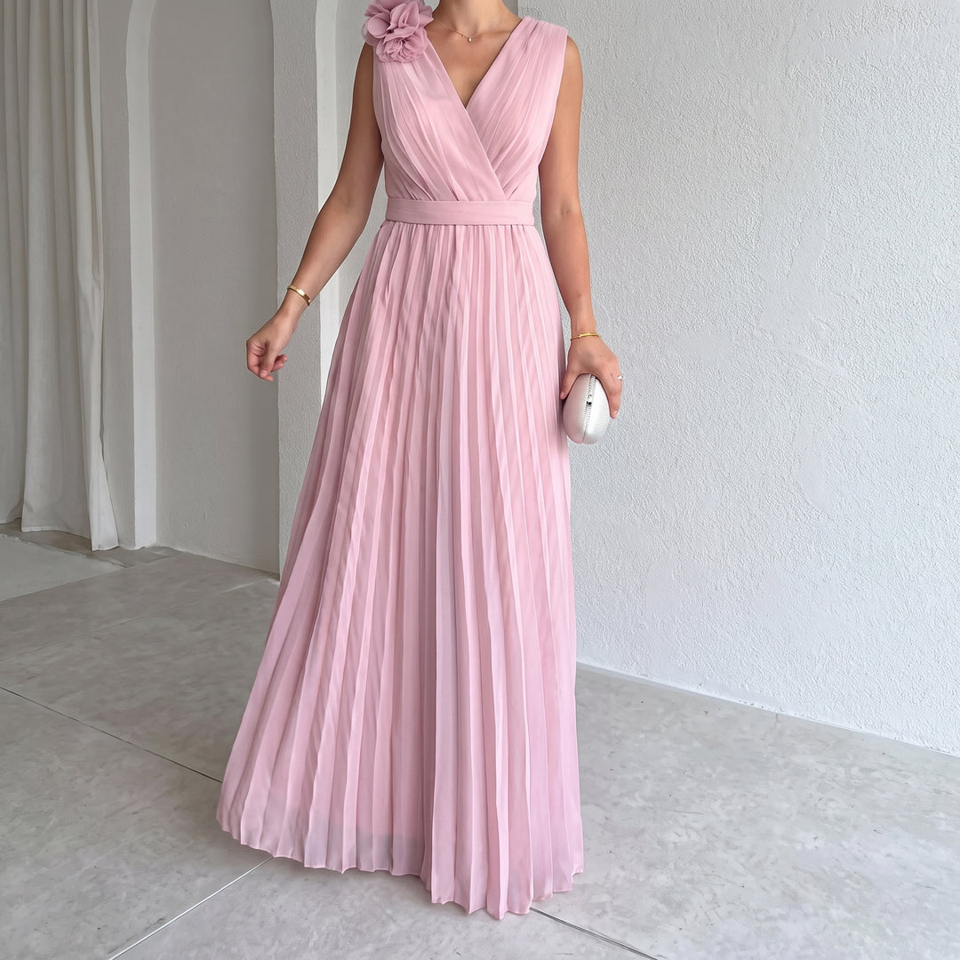 Charlotte | Women's Sleeveless Pleated A-Line Evening Gown Floral Applique