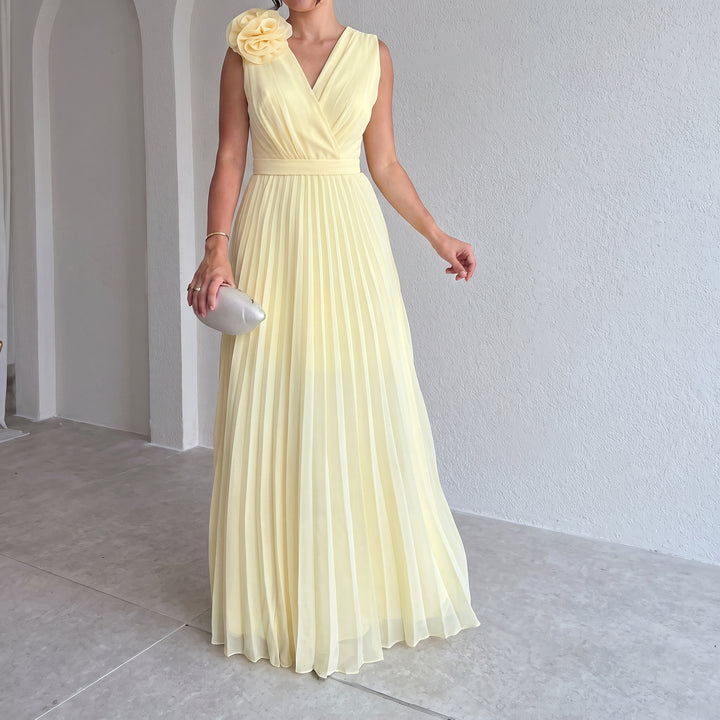 Charlotte | Women's Sleeveless Pleated A-Line Evening Gown Floral Applique