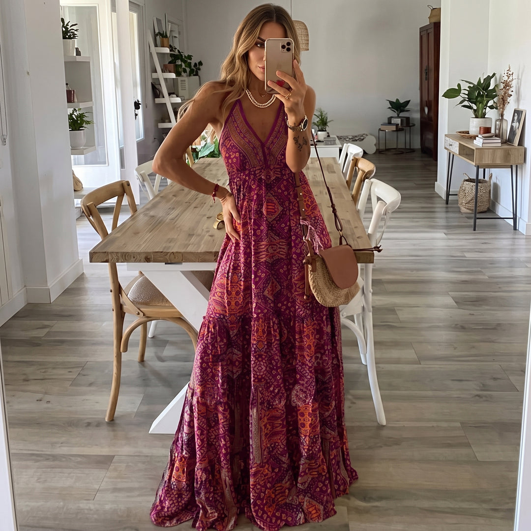 Sydney | Women's V Neck Boho Flowy Draped Maxi Dress