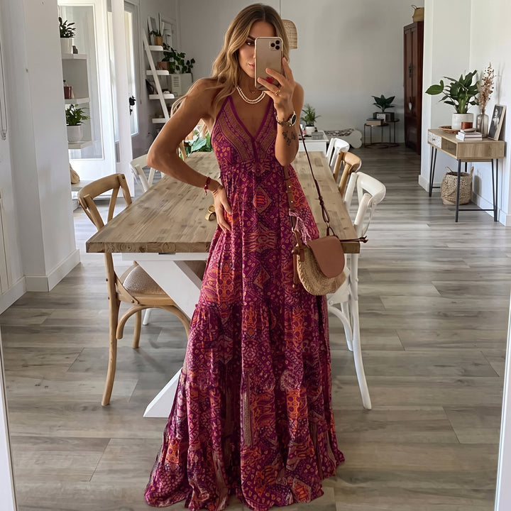 Sydney | Women's V Neck Boho Flowy Draped Maxi Dress