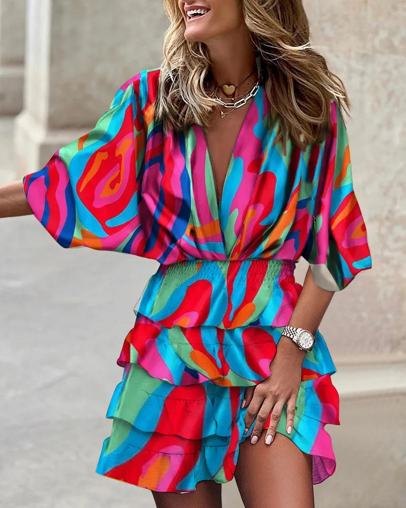 Sarah | Women’s Boho Printed Ruffle Mini Dress