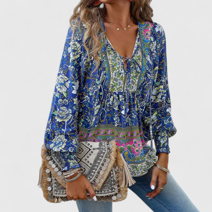 Maya | Women's Boho Floral Long Sleeve Peasant Top