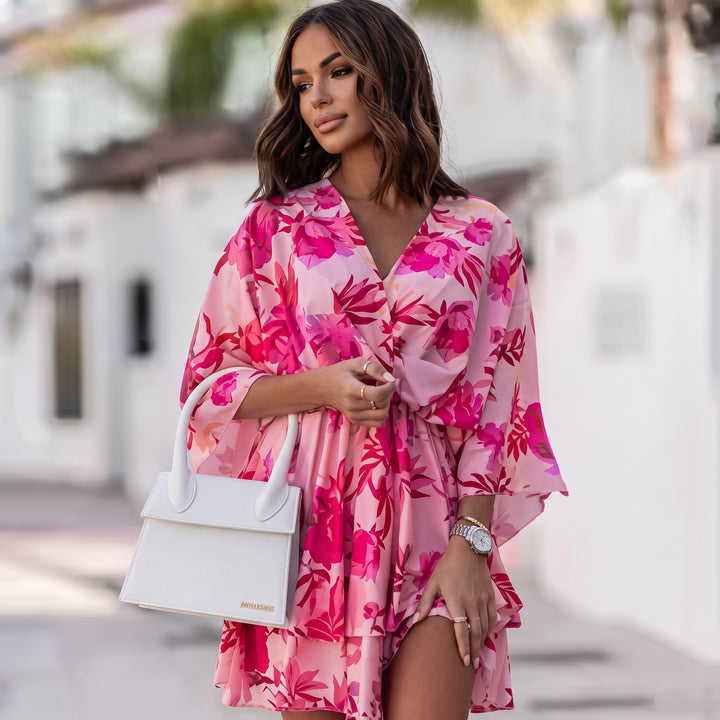 Scarlett | Women's Tropical Print Boho Mini Cocktail Dress Flared Tiered