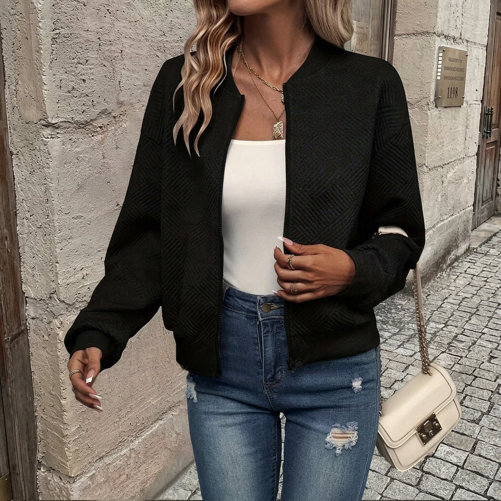 Isabella | Women's Textured Zip-Up Quilted Jacket Cropped Bomber