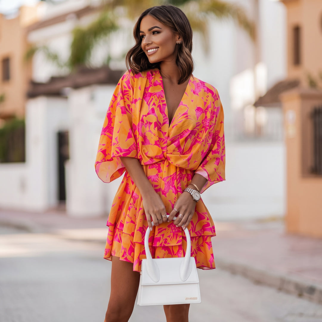 Scarlett | Women's Tropical Print Boho Mini Cocktail Dress Flared Tiered
