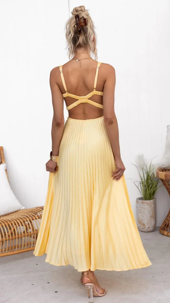 Bianca  | Women’s V-Neck Pleated Maxi Dress