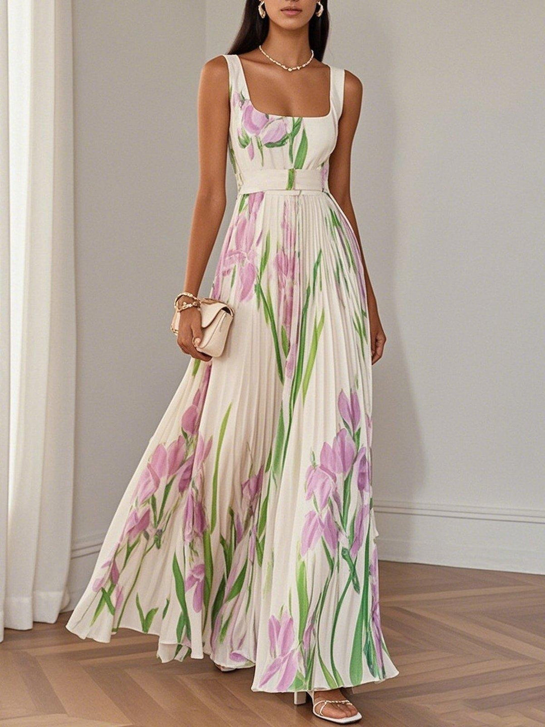 A-Line Maxi Dress Sleeveless Square Neck Pleated Floral - White
