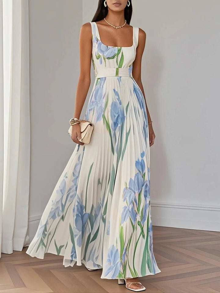 A-Line Maxi Dress Sleeveless Square Neck Pleated Floral - Light Blue