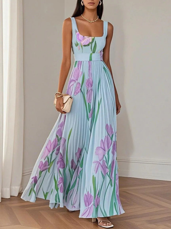 A-Line Maxi Dress Sleeveless Square Neck Pleated Floral - Blue