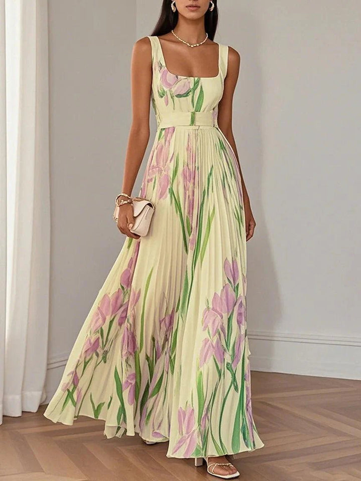 A-Line Maxi Dress Sleeveless Square Neck Pleated Floral - Yellow
