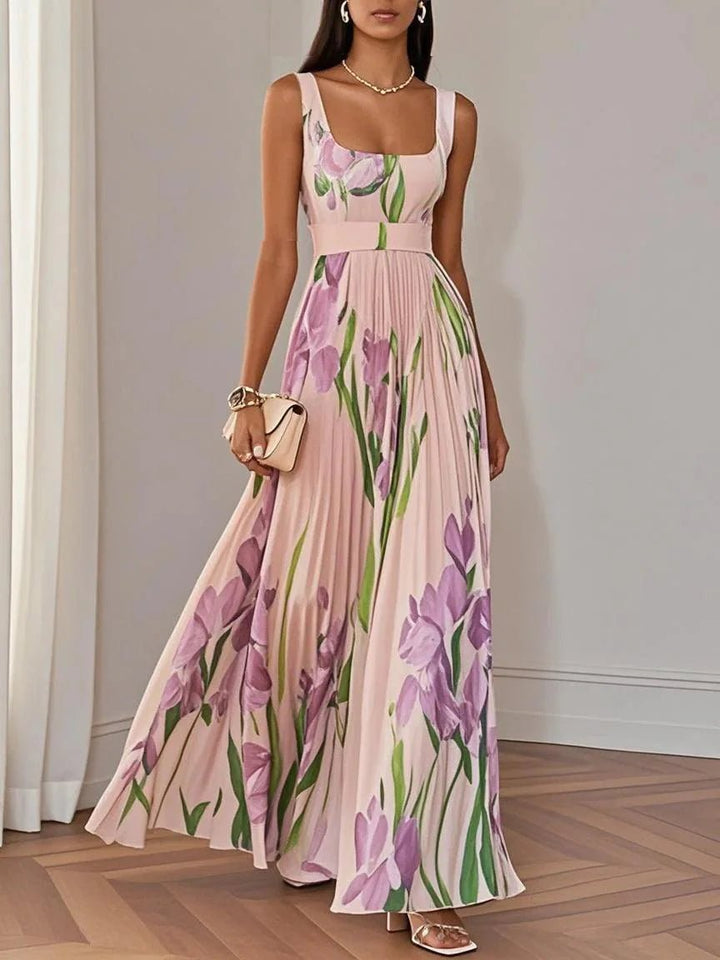 A-Line Maxi Dress Sleeveless Square Neck Pleated Floral - Pink