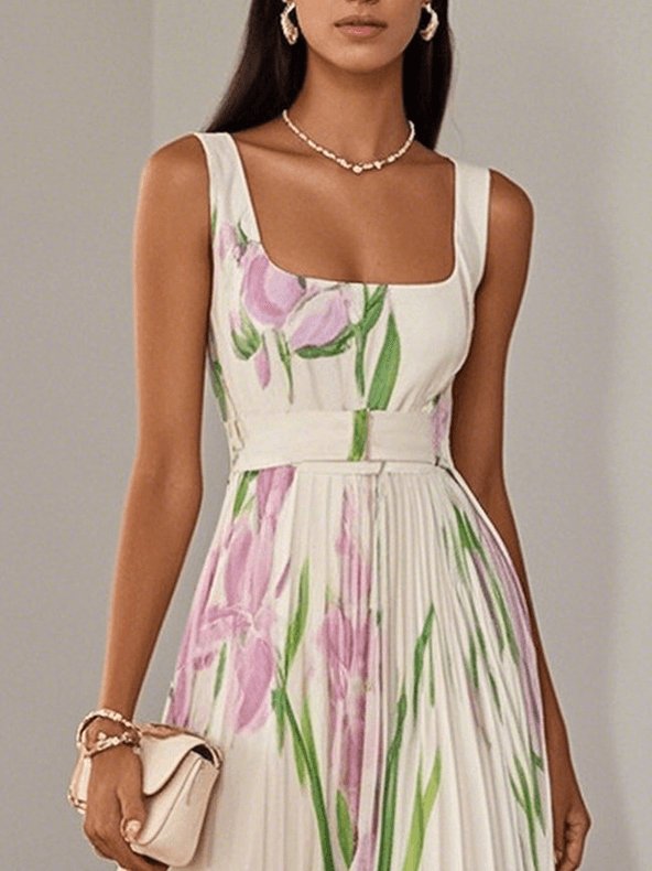 A-Line Maxi Dress Sleeveless Square Neck Pleated Floral