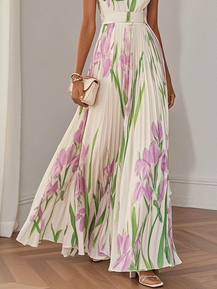 A-Line Maxi Dress Sleeveless Square Neck Pleated Floral