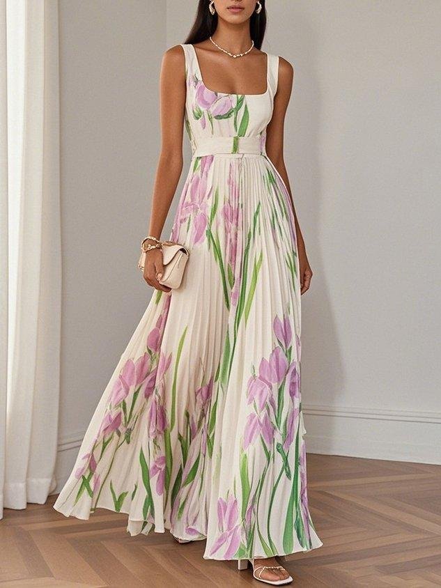 A-Line Maxi Dress Sleeveless Square Neck Pleated Floral