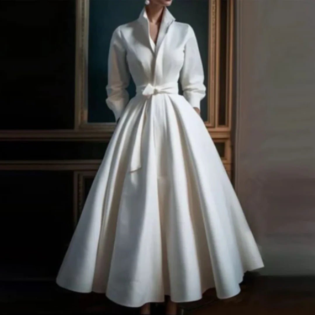 A-Line Midi Dress Long Sleeve V-Neck Belted Waist - White