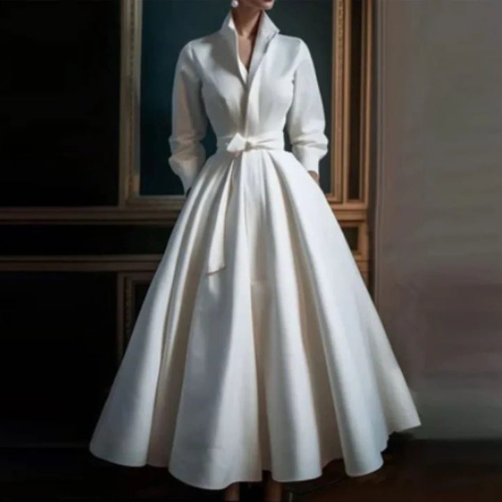 A-Line Midi Dress Long Sleeve V-Neck Belted Waist - White