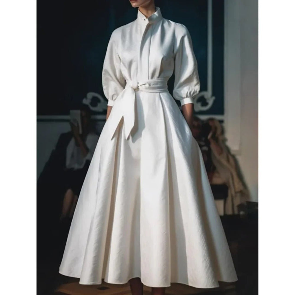 A-Line Midi Dress Long Sleeve V-Neck Belted Waist