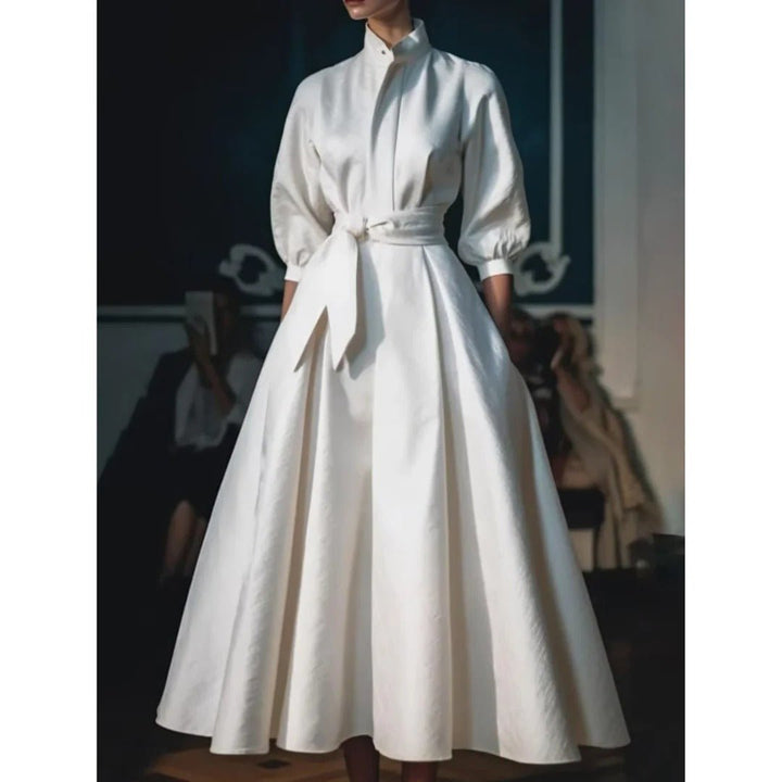 A-Line Midi Dress Long Sleeve V-Neck Belted Waist