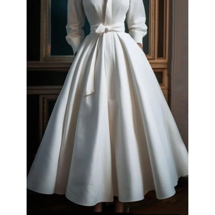 A-Line Midi Dress Long Sleeve V-Neck Belted Waist