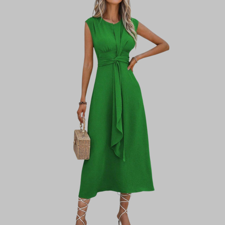 A-Line Midi Dress Sleeveless Round Neck Tie Waist Belt - Green