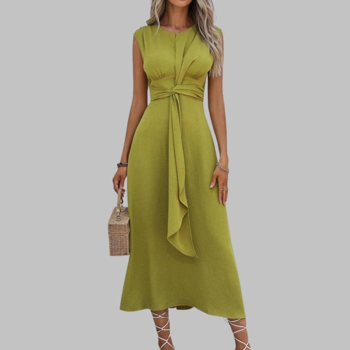 A-Line Midi Dress Sleeveless Round Neck Tie Waist Belt - Yellow