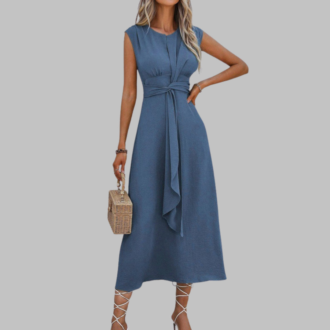 A-Line Midi Dress Sleeveless Round Neck Tie Waist Belt - Blue