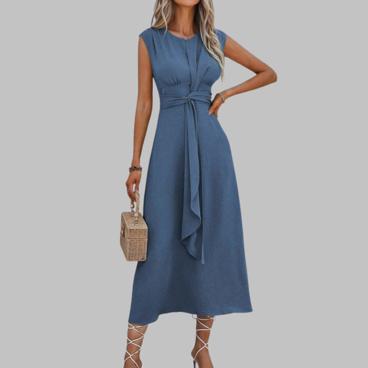 A-Line Midi Dress Sleeveless Round Neck Tie Waist Belt - Blue