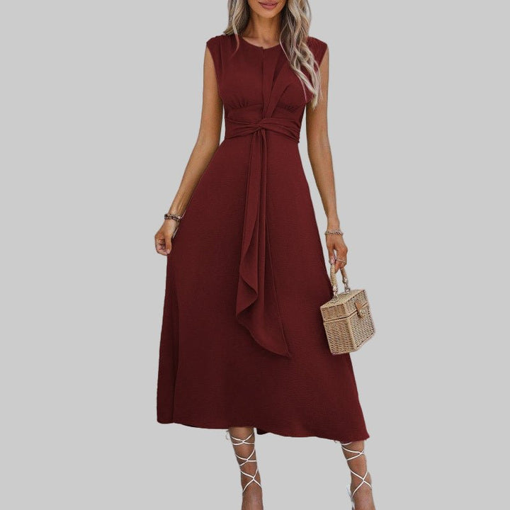 A-Line Midi Dress Sleeveless Round Neck Tie Waist Belt - Maroon