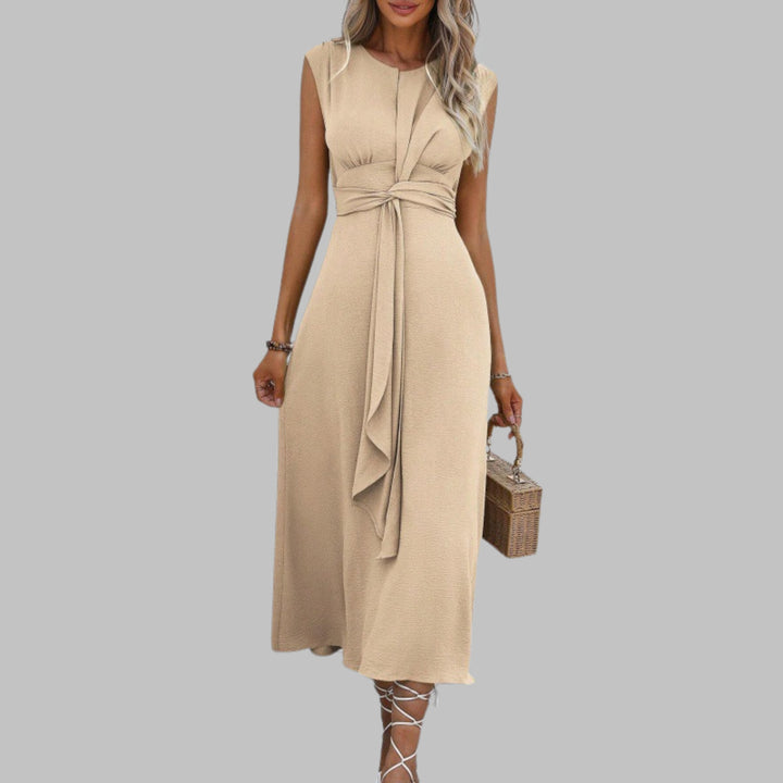 A-Line Midi Dress Sleeveless Round Neck Tie Waist Belt - Apricot