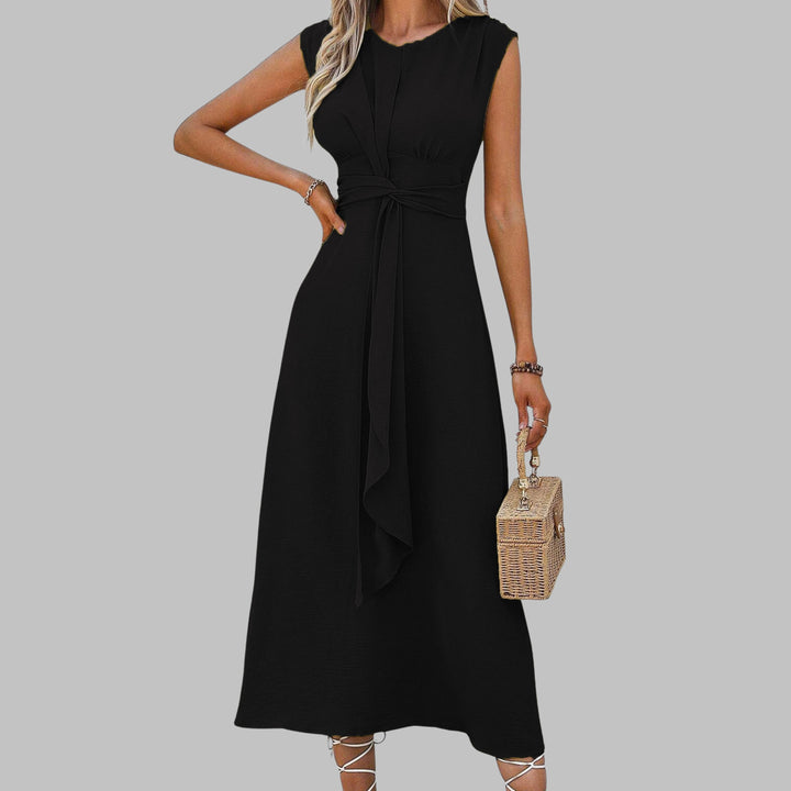 A-Line Midi Dress Sleeveless Round Neck Tie Waist Belt - Black
