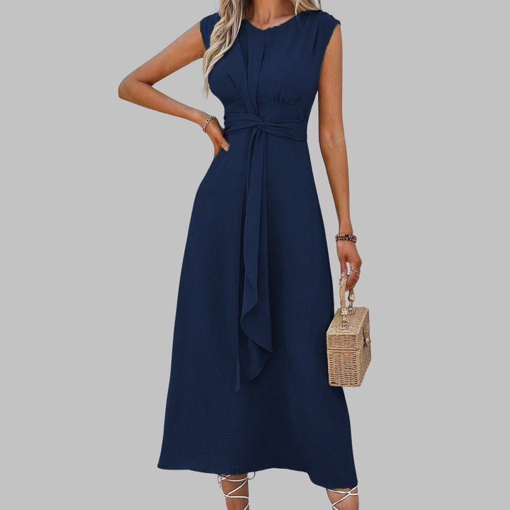 A-Line Midi Dress Sleeveless Round Neck Tie Waist Belt - Dark Blue