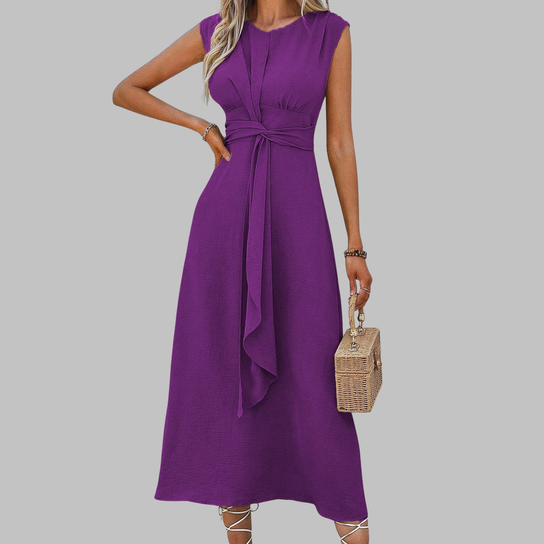 A-Line Midi Dress Sleeveless Round Neck Tie Waist Belt - Purple