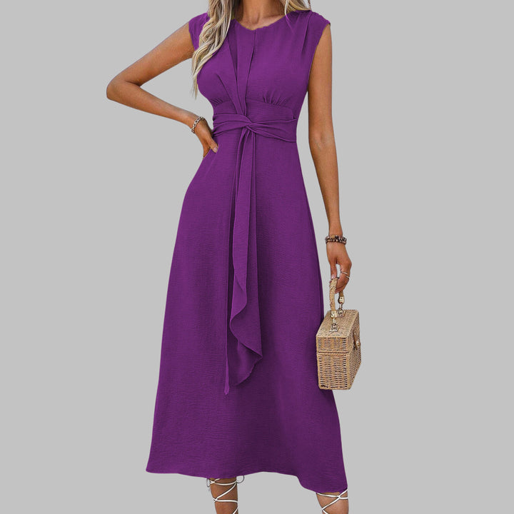A-Line Midi Dress Sleeveless Round Neck Tie Waist Belt - Purple