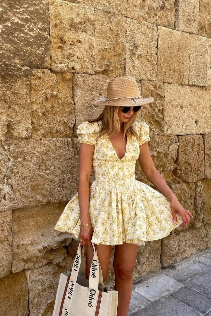 A-Line Mini Dress Floral Puff Sleeve Open Back Square Neck