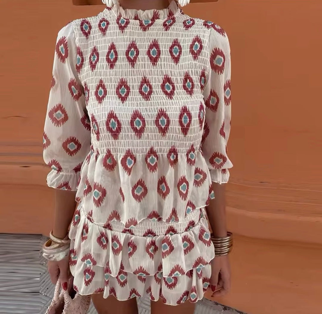 A-Line Mini Dress Ruffle Smocked Long Sleeve Vintage
