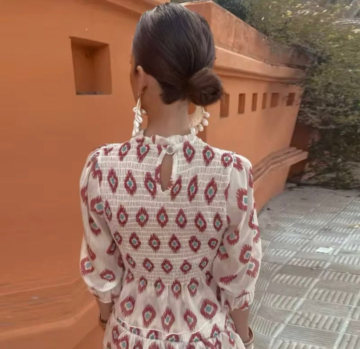 A-Line Mini Dress Ruffle Smocked Long Sleeve Vintage