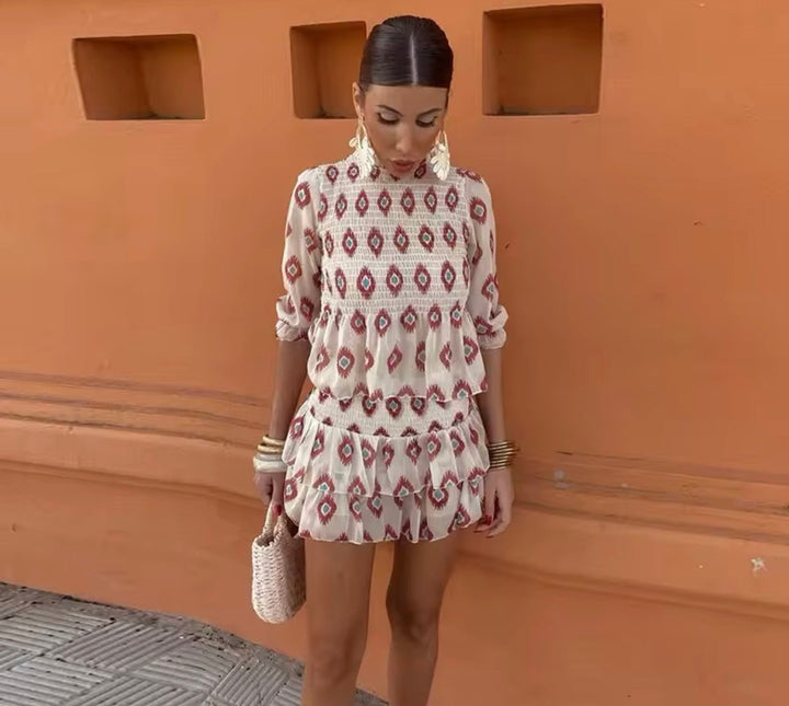 A-Line Mini Dress Ruffle Smocked Long Sleeve Vintage