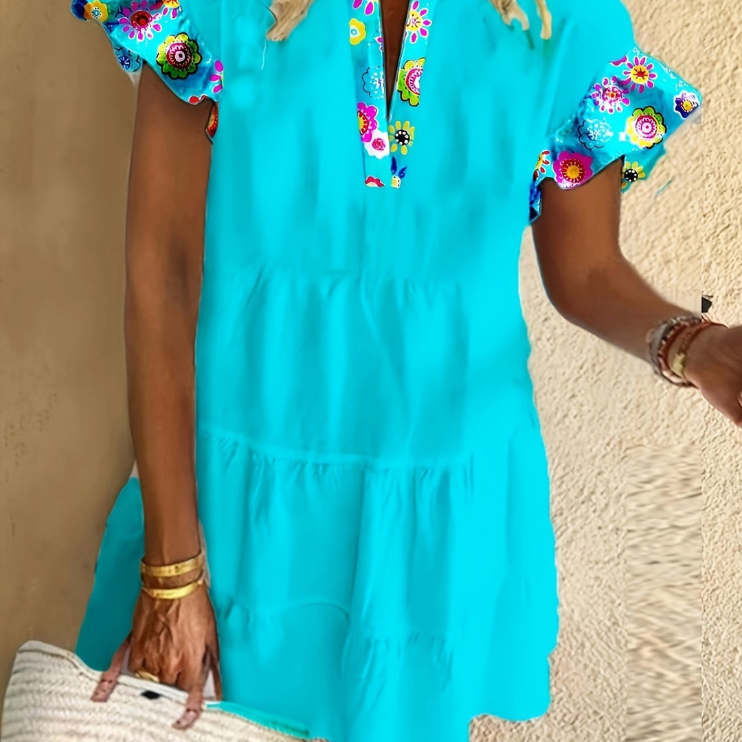 Boho Flowy Dress Flutter Sleeves Floral Print Tiered - Blue