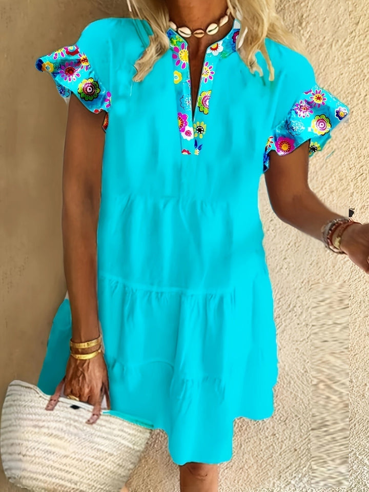 Boho Flowy Dress Flutter Sleeves Floral Print Tiered