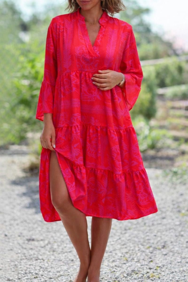 Boho Flowy Maxi Dress V-Neck Long Sleeve Tiered - Red