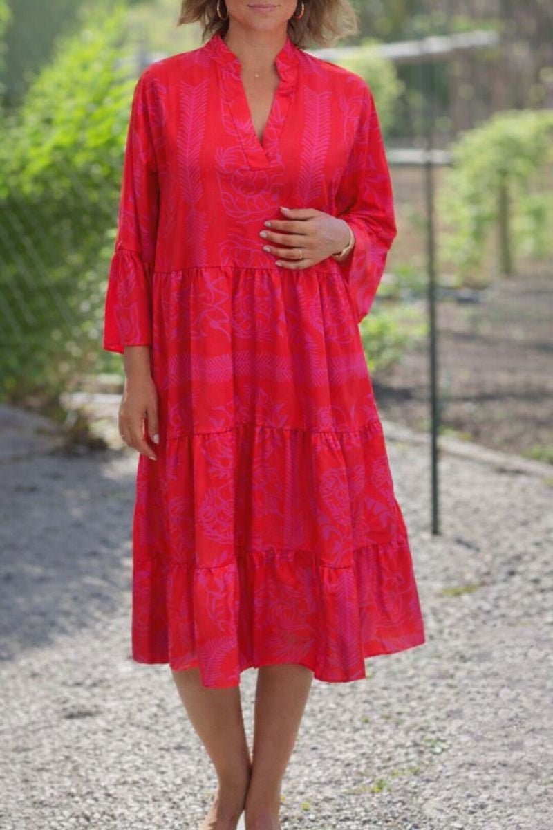Boho Flowy Maxi Dress V-Neck Long Sleeve Tiered