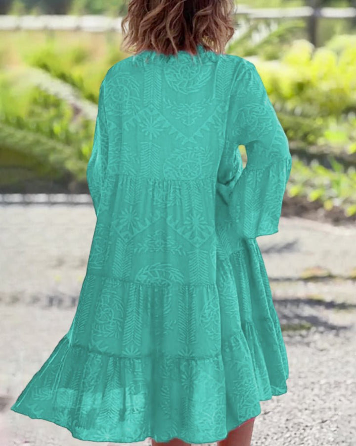 Boho Flowy Maxi Dress V-Neck Long Sleeve Tiered